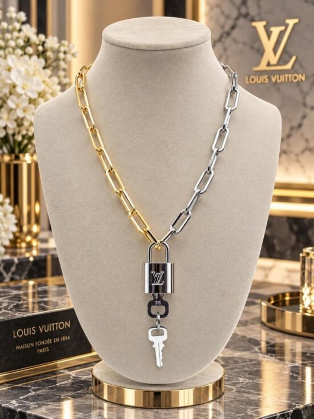 Paperclip Style Stainless Steel Chain Necklace w/Authentic Louis Vuitton Padlock
